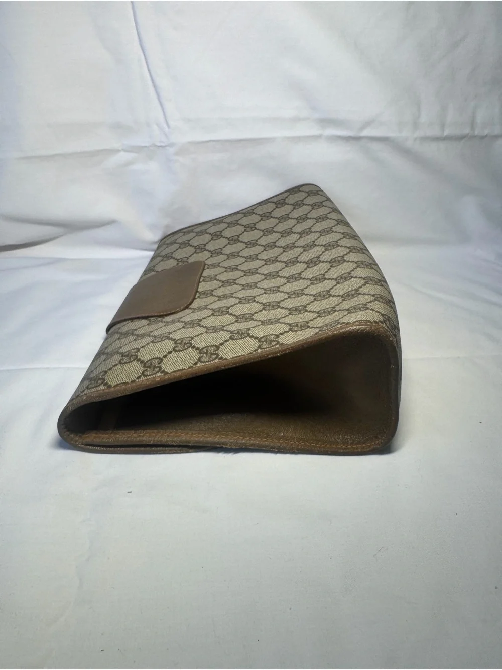 Gucci Beige Brown GG Canvas Clutch with Web Stripe